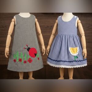 Vintage Pete’s Partner Gingham Dress Set 4T Ladybug Flower Appliqué Made in USA